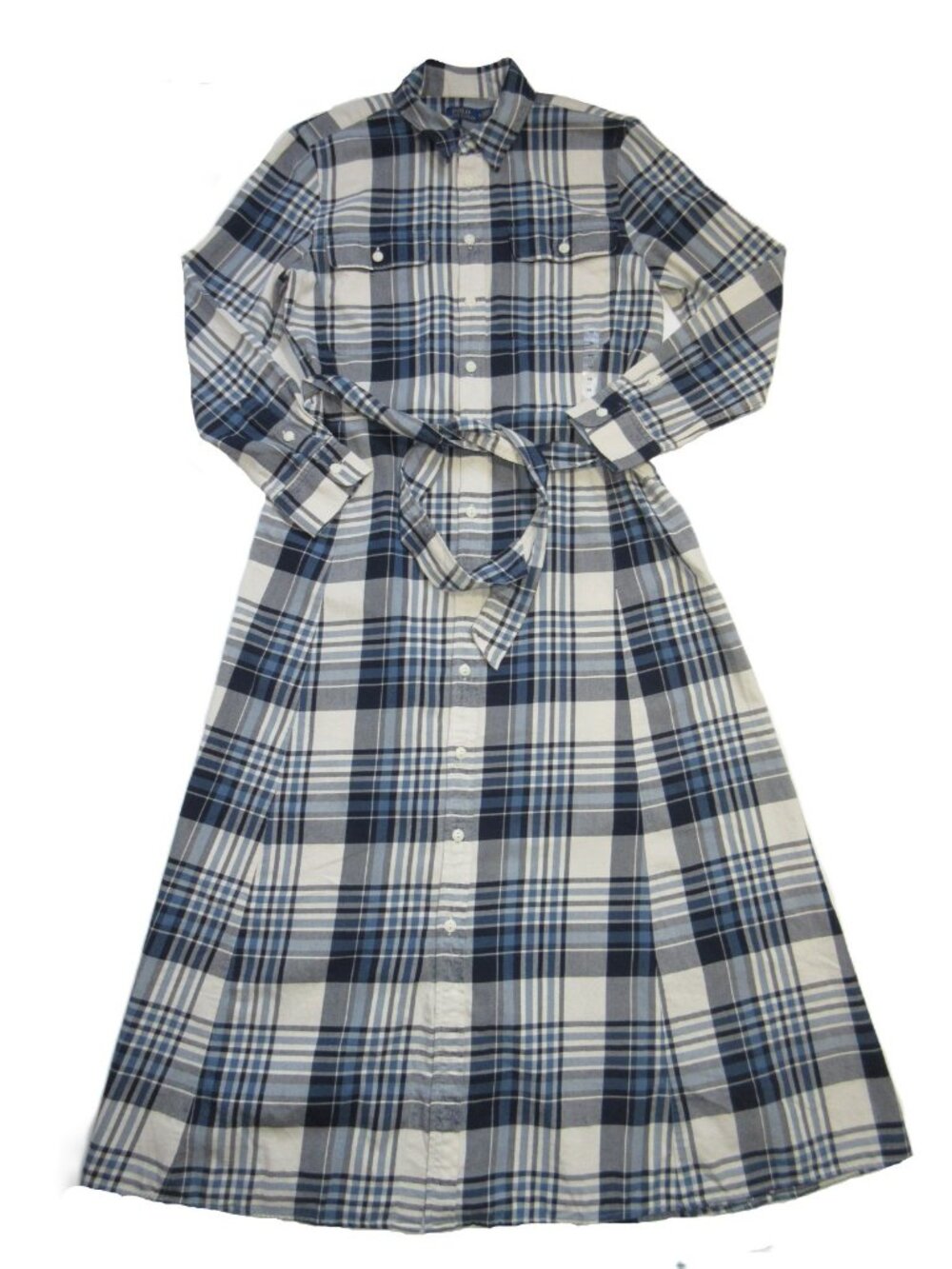 NWT Polo Ralph Lauren Plaid Twill Shirt Maxi in Blue Ivory Cotton Shirtdress 14 - Picture 4 of 7